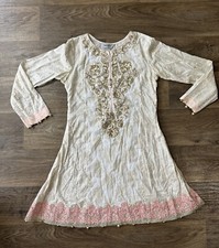 Maria.B. Off-White Embroidered Cotton Kurti Pink Lace Detailing S