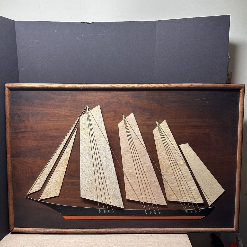 A rare RanSu MCM wood wall hanging of a Clipper Ship — a striking, large-format piece of Americana folk craft that almost never surfaces in this condition.