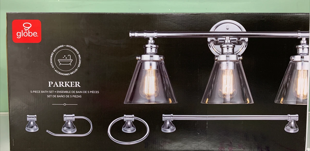 Globe Electric Parker All-In-One Bath Set 5 Piece Vanity Light Towel Bar  Chrome 58219512340 | eBay