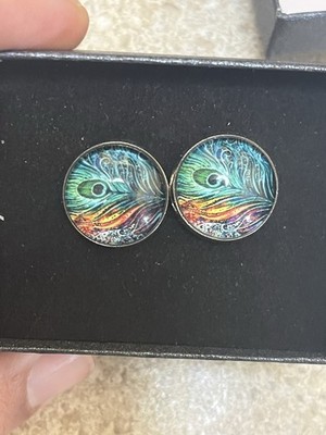 Peacock Feather Cufflinks, Elegant Wedding Cufflinks, Nature-Inspired Jewelry
