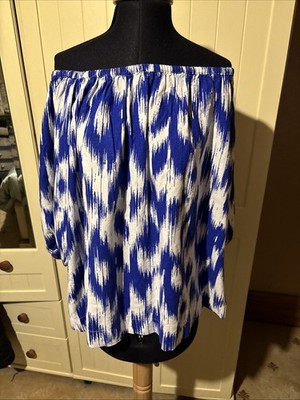 M&S Marks & Spencer Damen Schulterfreie Bluse Gr. L Blau Mix Leinenmischung