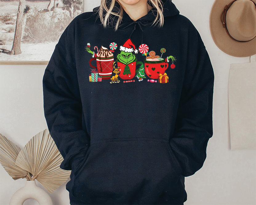 Cute Christmas Hoodie with Cocoa Mug & Candy Design – Unisex Holiday Sweatshirt