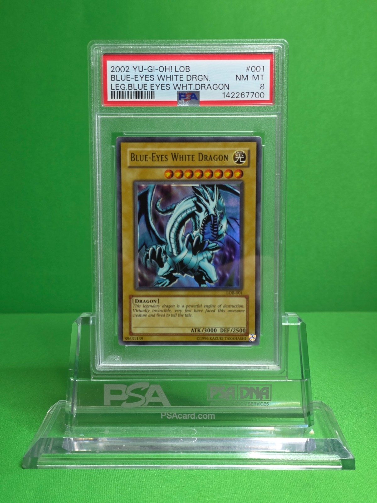 YUGIOH 2002 LOB BLUE-EYES WHITE DRAGON LOB-001 PSA 8