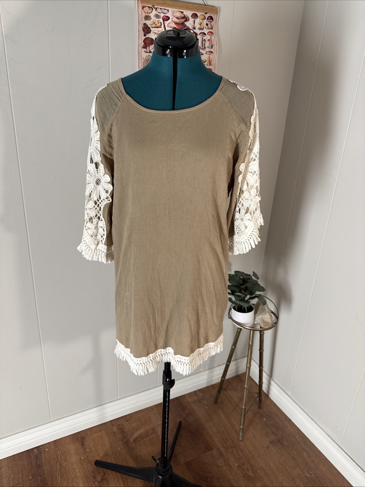 Umgee USA Embroidered Boho Babydoll Dress Light Brown | Bell Sleeve | SIze M