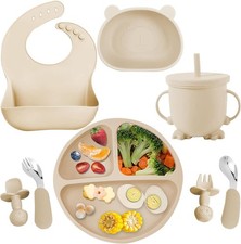Mrkyy Silicone Baby Feeding Set  Suction Bowls Plates Bib Utensils  Beige