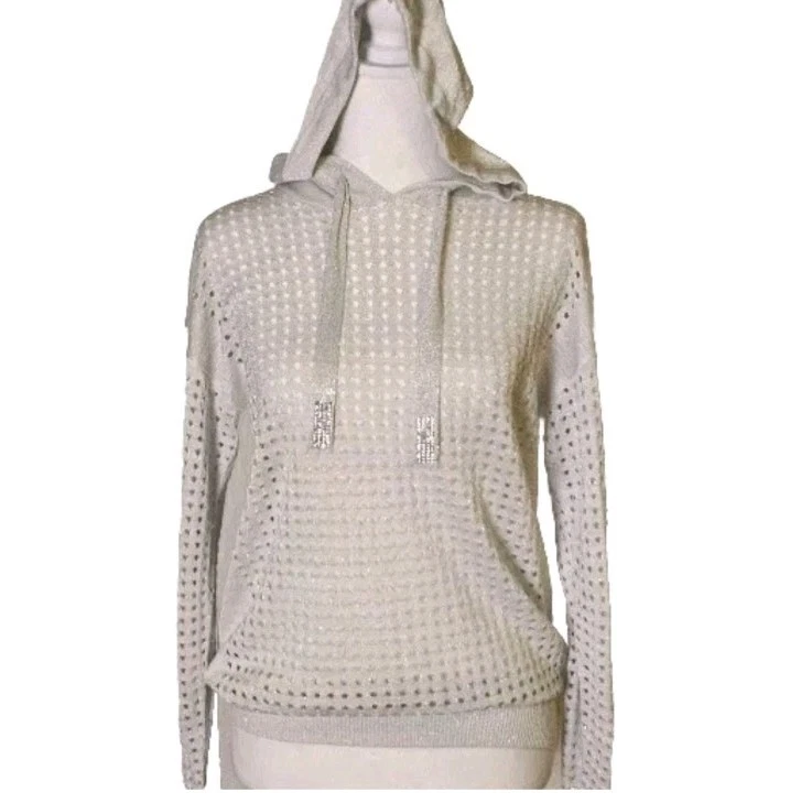 Joseph Ribkoff Perforated Lurex Silver Embellished Athleisure Hoodie Sz Small
