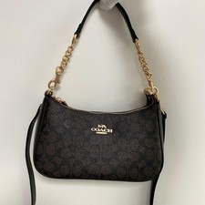 COACH CV933 Teri Shoulder Bag In Signature Canvas Walnut/Black NEW