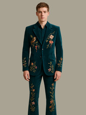 Men's Green 2-Piece Suit Floral Embroidered Western Wedding Prom Slim