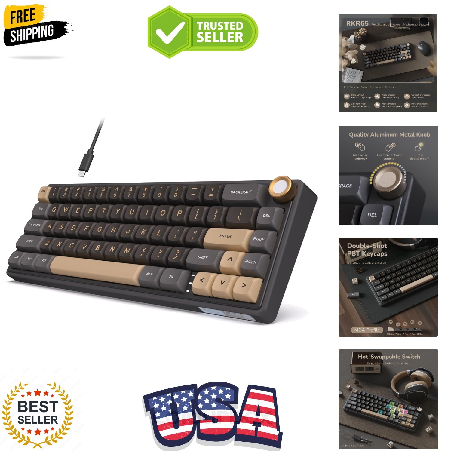 R65 Wired Gaming Keyboard with Volume Knob, 60% Percent RGB Backlit Mechanica...