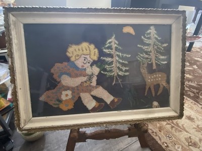 Primitive Folk Art Depression Era Rug Punch Framed READ