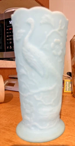 Vintage, Fenton Blue Satin Glass Vase, Peacock Floral Flowers Art