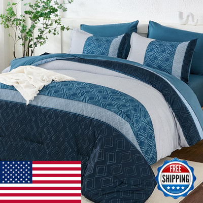 Dinjoy Navy Blue King Size Comforter Setstriped Bed In A Bag King 7 Pieces Soft