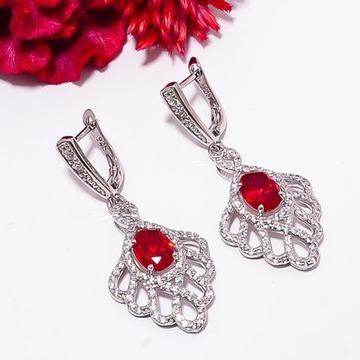 Red Garnet & Cubic Zirconia 925 Silver Platinum Plated Earring 1.90'' E1156615293