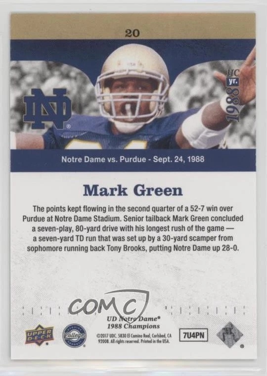 2017 Notre Dame 1988 Championship Blue /88 Mark Green Goes in for the TD #20 - Image 2 of 2