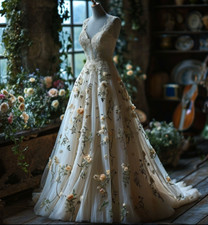 Vintage Forest Lace Wedding Dresses with Florals V Neck A Line Bridal Gowns