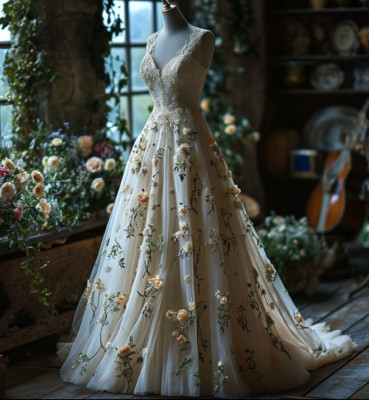 ebay vintage wedding dresses Forest Lace with Florals V Neck A Line Bridal Gowns Vintage Sheath Bridal Gown with Natural Waist 1970s Vintage Wedding Dresses &