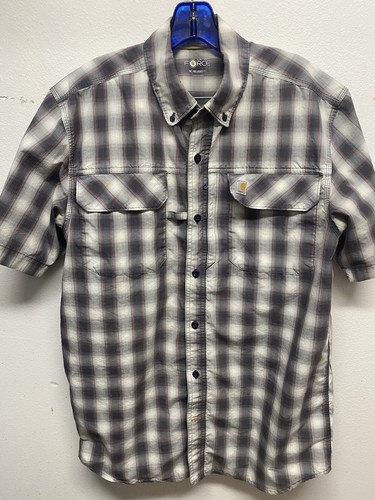 Carhartt Force Men’s Medium Relaxed Fit Gray Plaid Button Down Workwear Outdoors