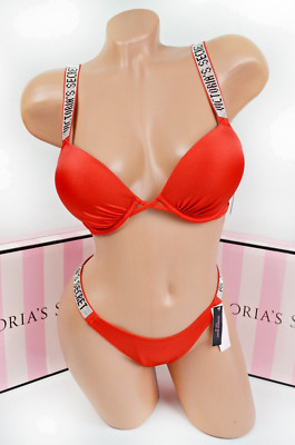 Victoria's Secret 32B XS S Shine Strap Bombshell Swimsuit Set +2 cups red