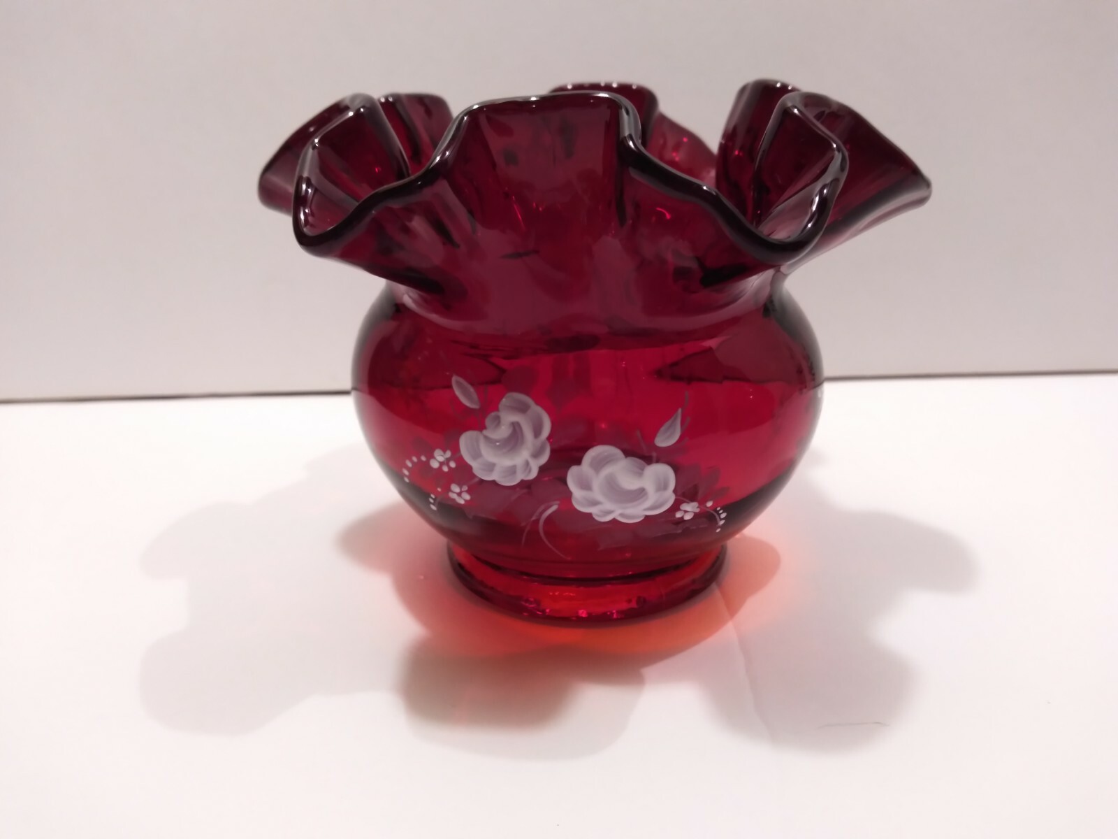 Fenton Ruby Red Glass Vase Wild Flowers Ruffled Edge Hand Painted ...