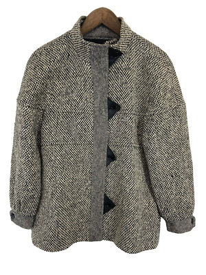 80s Vintage　Herringbone Tweed Coat Large 1980s Car Coat Grey Wool Herringbone Tweed Winter Outerwear