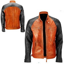 Men's Wax Classic Diamond Biker Motorcycle Cafe Racer Retro Real Leather Jacket