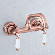 Antique Red Copper Wall Mount Dual Ceramic Handles Bathroom Basin Sink Faucet
