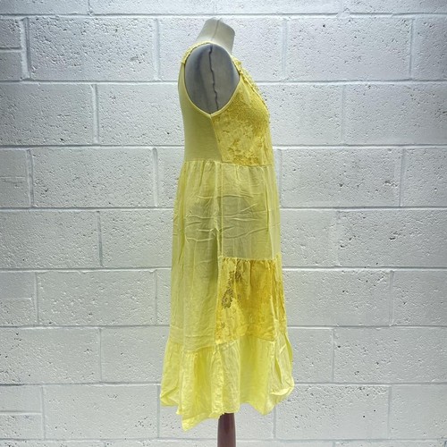 GELB BLUMEN MIDI-KLEID FLAME GEWEBTE SPITZE BAUMWOLLE ÄRMELLOS SAMMELN ABGESTUFT UK 12 - Bild 4 von 5