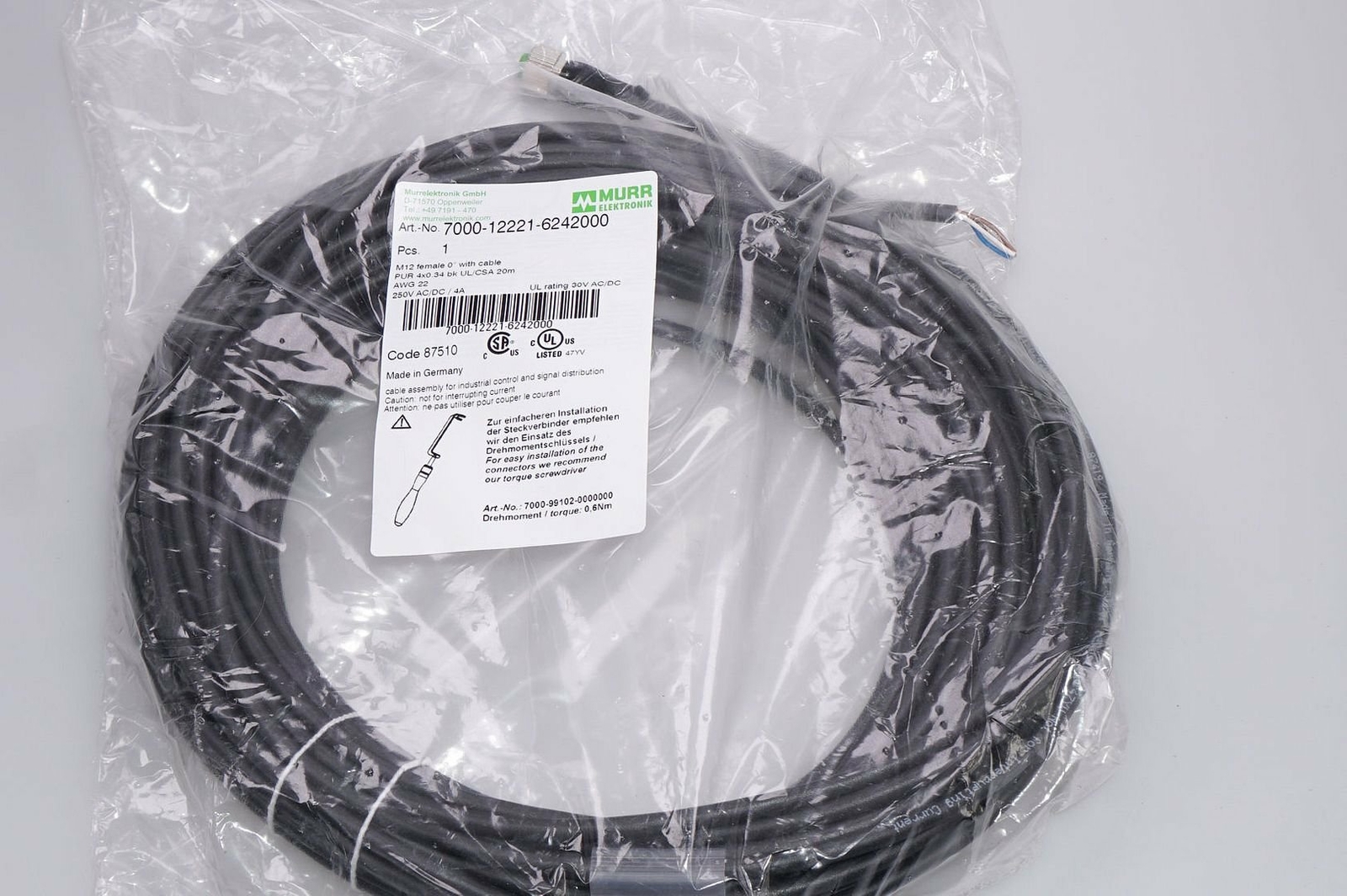 Murr 7000-12221-6242000 M12 Bu. 0°, 4-Pole Free Cable End 20m OVP, New