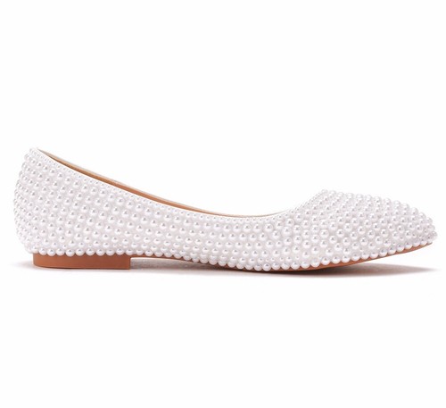 Damen Weiß PerlenSchwanger Schwanger Flache Schuhe Braut Hochzeit Brautschuhe - Bild 11 von 27