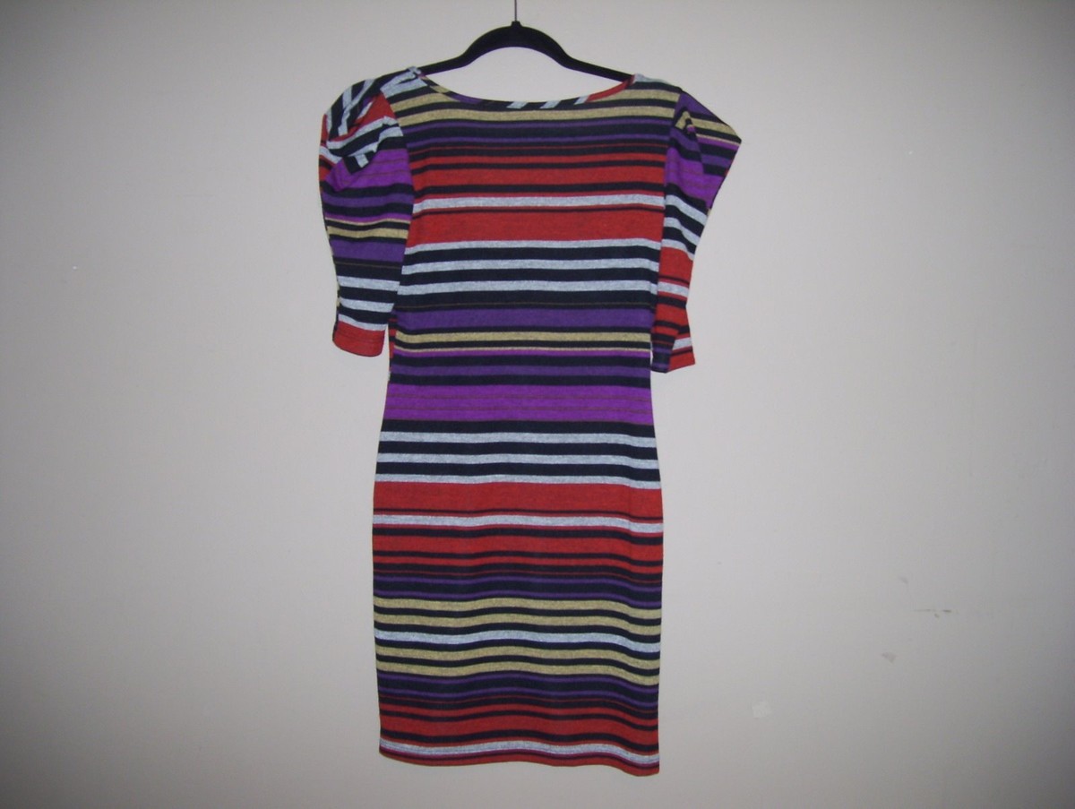 Snap Womens Size M Multi-Color Striped Stretch Knit Dress Short Sleeves |  eBay