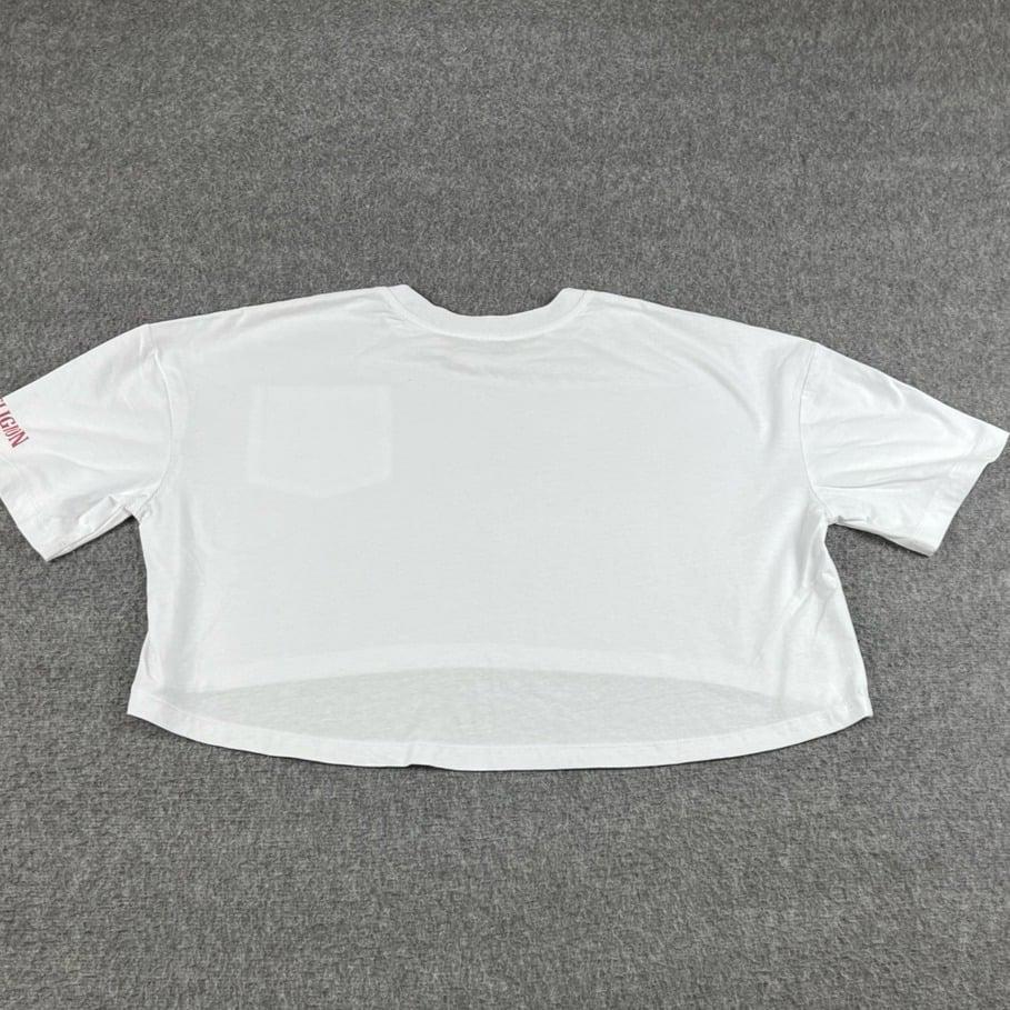 TRUE RELIGION White Cropped T-Shirt Women's Large Red Logo Puff Print Boxy Fit thumbnail 2