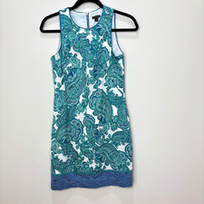 Ann Taylor Green Paisley Shift Dress 0 Cotton Sleeveless Preppy Country Club
