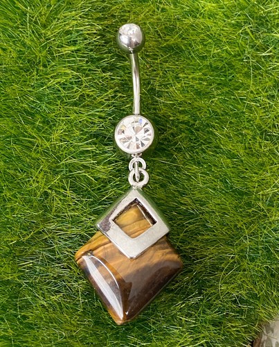Diamond Shaped Semi-Precious Belly Ring Natural Stone Pierced Navel Naval 14g - Picture 13 of 14