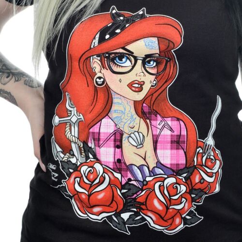 Lowbrow Art Tattooed Mermaid Black V-neck Tee Tattoo Custom Ariel Shirt S-2XL - Picture 2 of 4