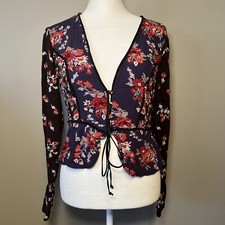 Free People The Way the World Turns Top Long Sleeve Floral Size Small Blue Black