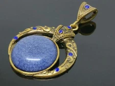 Rare Art Deco Vintage Victorian Blue Rhinestone Beads Bronze Charm Pendant J836