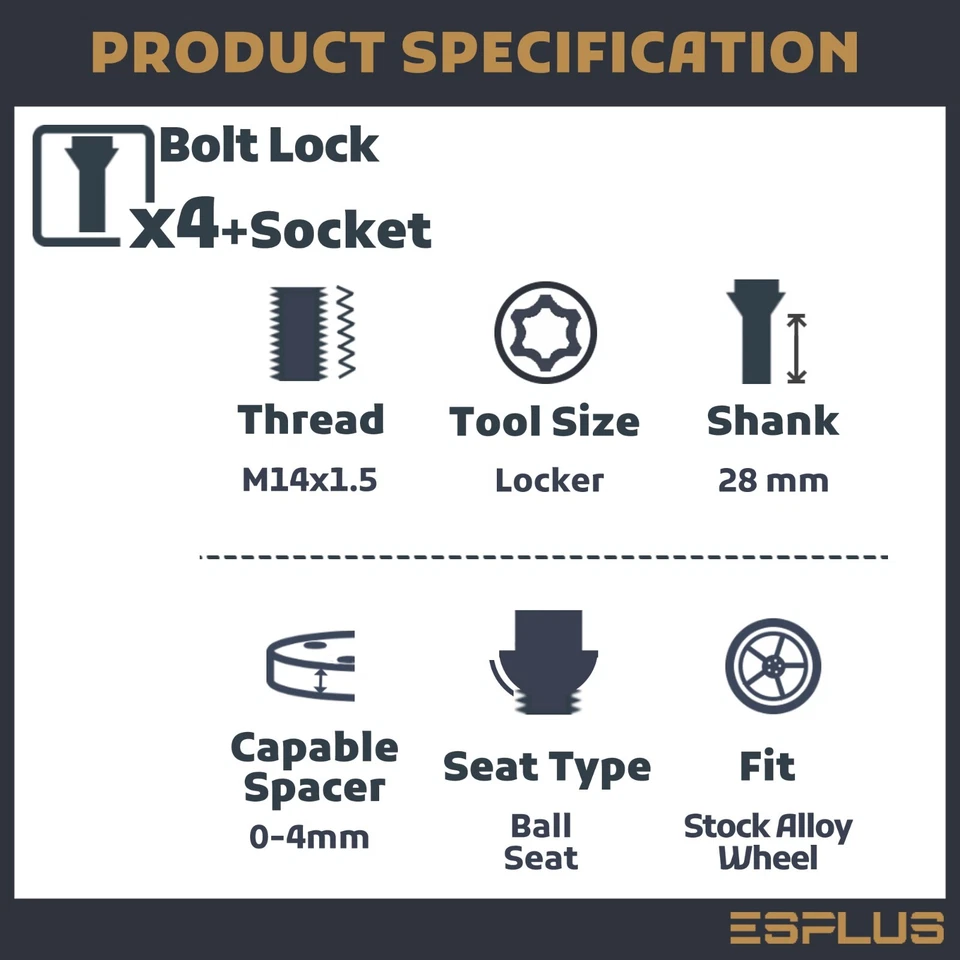 4 + Soquete Audi Wheel Lock M14x1.5 Preto 28mm Ajuste Mais Recente Série A/Q/R/RS/S/SQ -Série - Imagem 2 de 4