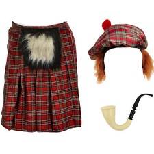 Mens SCOTTISH COSTUME Scotsman Hat Kilt Tartan Hair Burns Night Fancy Dress