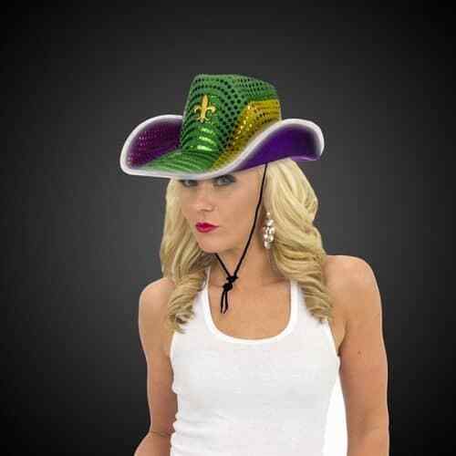 LED Light Up Mardi Gras Sequin Cowboy Hats - Pack of 300 By Party Glowz