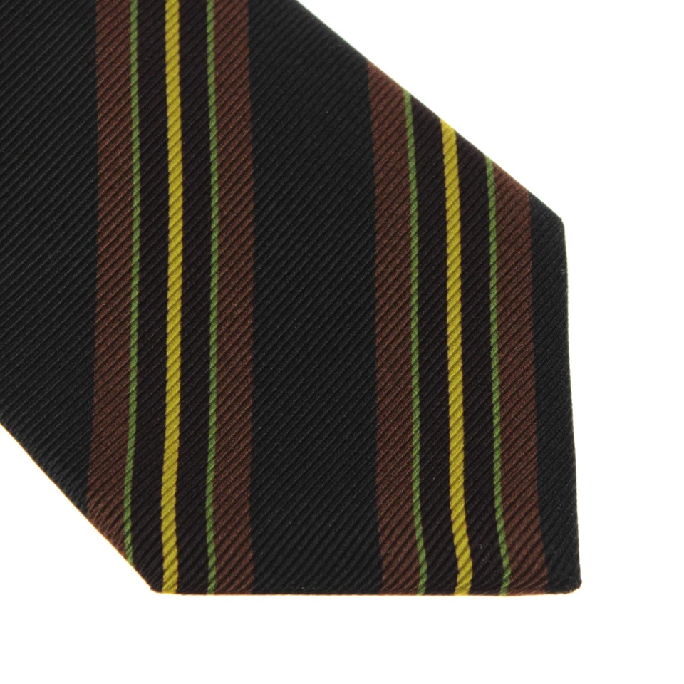 Kiton 全新无标签 100% 真丝七折领带黑色带棕色/黄色/绿色条纹 — 第 2/4 张图片