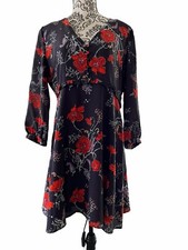 New Madewell Silk Clover Button-Front Dress Black Floral With Ruffle Waist Sz 10
