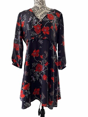 madewell silk floral dress Madewell Silk Ruffle-Waist Fully Lined Dress Floral Flowers Black Red Sz 10  VGC