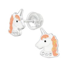 925 Sterling Silver Orange Unicorn Head Children's Stud Earrings