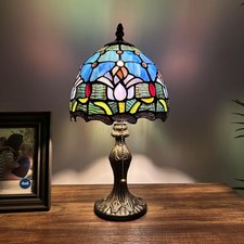 Tiffany Style Mini Table Lamp Blue Stained Glass Tulips LED Bulb 8"W 8"D 15"H