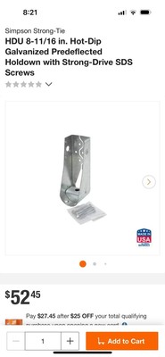 Simpson Strong-Tie HDU2-SDS2.5 8-11/16-Inch Predeflected Holdown W/Screws