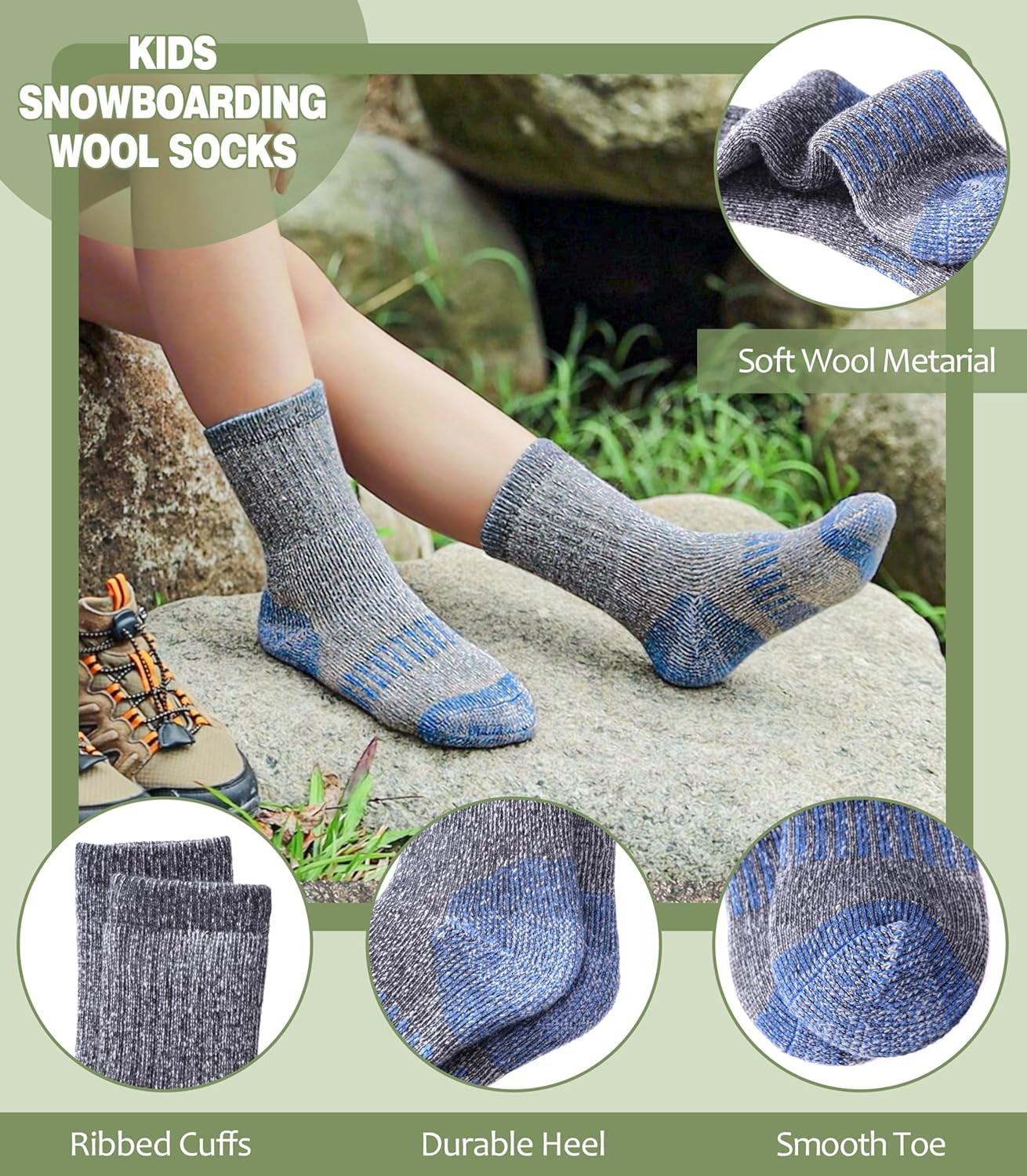 Kids Merino Wool Hiking Socks Boys Girls 8-12 Years 3 Pairs Wool Socks a