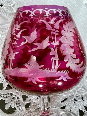 Cut to Clear Glass Egermann 24 ounces Bohemia Cranberry Pink Brandy Snifter Vase