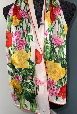 Vintage Vera Neumann Green Floral 100% Silk Scarf Rolled Edge 10x52  Japan