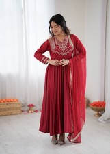 Presenting Roman Silk Red Gown Bottom With Dupatta For Functional Wear