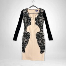 Amy Childs Collection Dress Size 12 Nude Black Lace Bodycon Long Sleeve